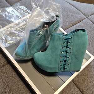 Women's Teal Lace-Up Wedge Ankle Booties